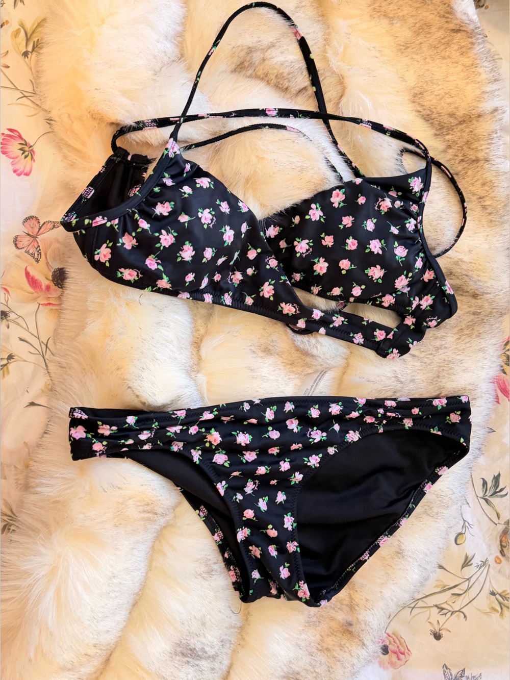 Victoria's Secret Pink Black Wrap Bikini Set with Pink Rose Print